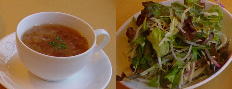 オニオンスープも、よく炒めた玉ねぎの甘さに酸味がなく、それでいて噛むとしゃきしゃきして、味付けもあっさりしています。