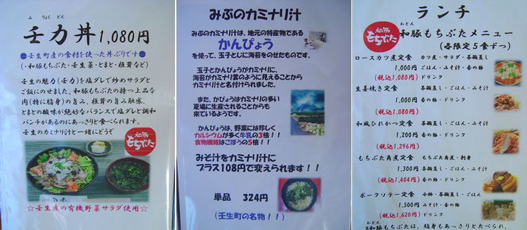 「壬力丼？」「和豚もちぶたとシイタケなどの野菜を塩ダレで炒めて、壬生産の有機野菜のサラダに載せたものです。それに、カミナリ汁が付きます」